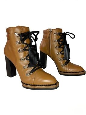 Tods Lace Up Tasseled Leather Ankle Boots 36.5 Brown Black Leather Laces 4" heel